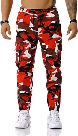 Men's Trousers Camouflage Print Sports Casual Pants Wporkout Joggers Long Sweatpants (Color: Red, size: S)