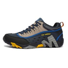 Outdoor Lover Trekking Shoes Men Waterproof Hiking Shoes Mountain Boots Genuine Leather Woodland Hunting Tactical Shoes (Color: Men-Dark blue-Yellow, size: 41)