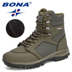 BONA 2022 New DesignersAction Leather Winter Ankle Boots Men Tactical Plush Anti-Skidding Classical Footwear Man Hiking Boots (Color: Army green S gray, size: 10.5)