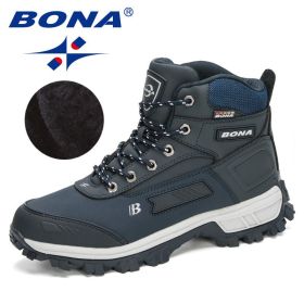 BONA 2022 New Arrival Pro-Mountain Ankle Hiking Boots Men Outdoor Sports Plush Warm High Top Walking Training Footwear Masculino (Color: Deep blue S gray, size: 8)