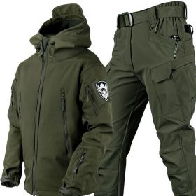 Outdoor Shark Skin Warmth Jackets Pants Set Men Tactical Camo Autumn Winter Thickened Coat Soft Shell Large Size Jacket (Color: Green, size: M)