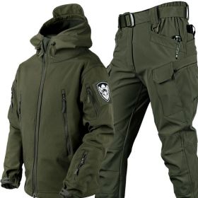 Outdoor Shark Skin Warmth Jackets Pants Set Men Tactical Camo Autumn Winter Thickened Coat Soft Shell Large Size Jacket (Color: Green, size: XXXL)