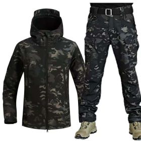 Outdoor Shark Skin Warmth Jackets Pants Set Men Tactical Camo Autumn Winter Thickened Coat Soft Shell Large Size Jacket (Color: Black CP, size: 4XL)